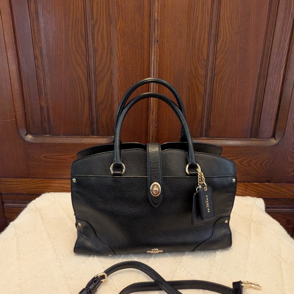 Coach Womens Mercer 30 Satchel Bag Black Leather Handbag Turnlock